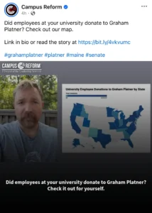 Campus Reform asks "Did your University empoloyees contribute to Graham Platner?"